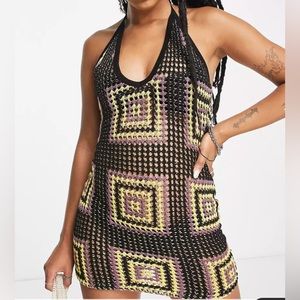 ASOS DESIGN Petite crochet halter mini dress in black and yellow